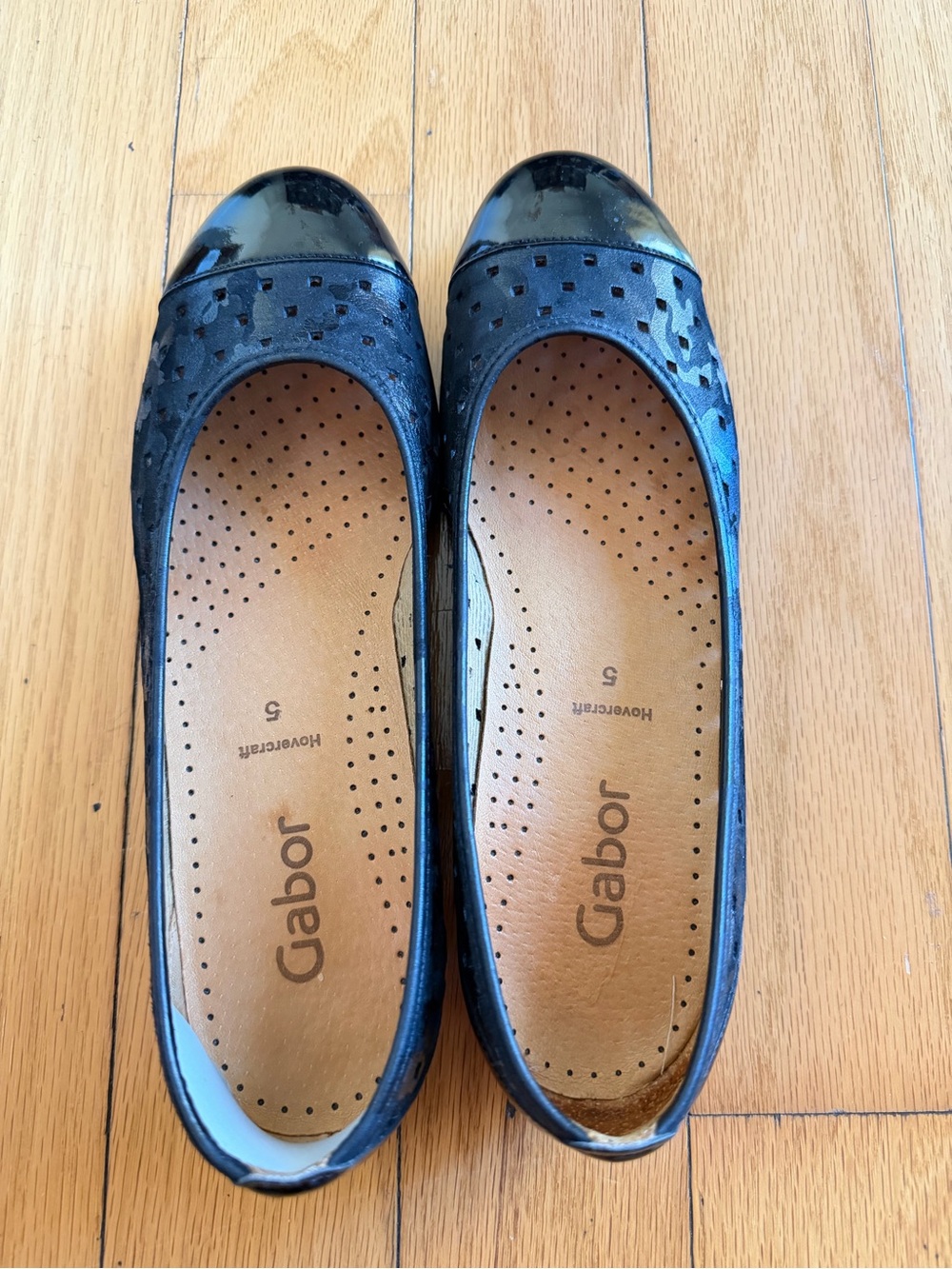 Gabor Women's Black Perforated Leather Ballet Flats with Patent Toe